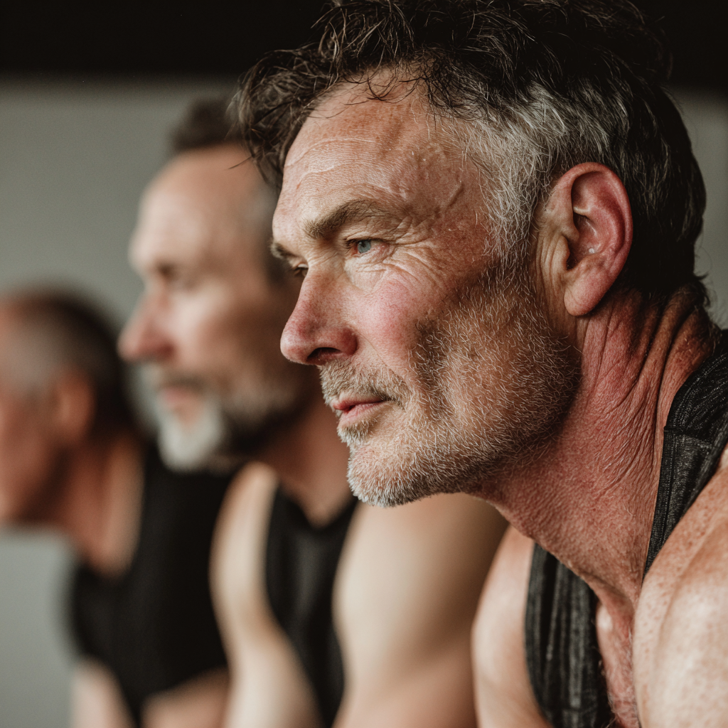 Middle-aged men focused training session