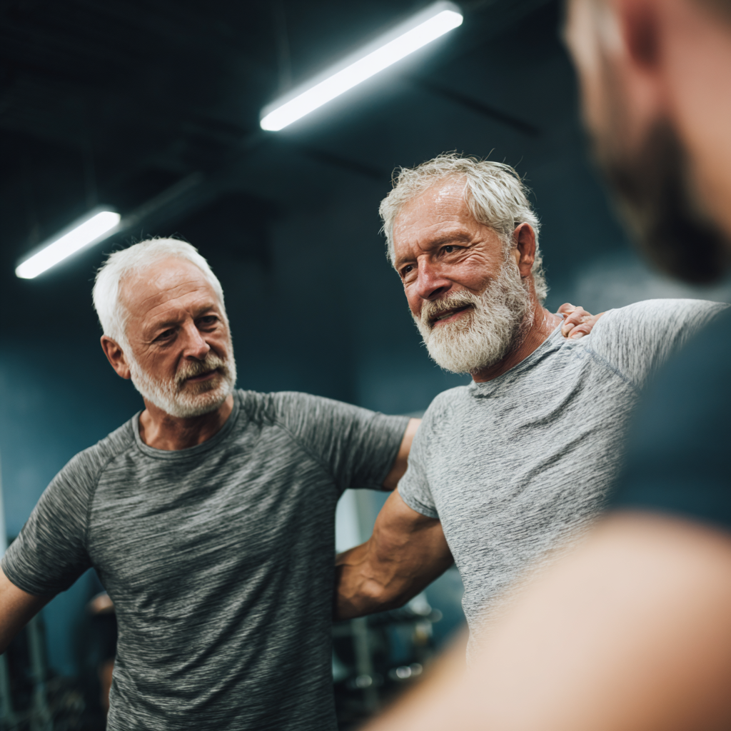 Middle-aged men supporting each other during fitness training session